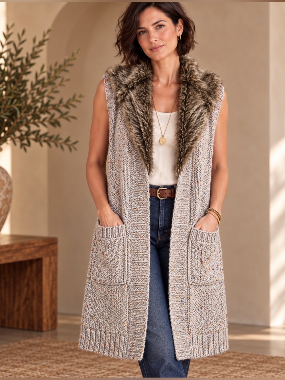 Anthropologie Angel of the North S Cable Knit Faux Fur Collar Long Sweater Vest